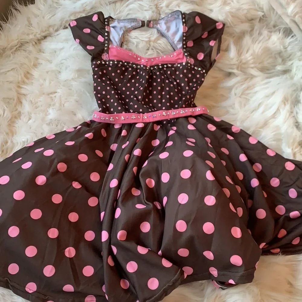 1950’s Style Brown & Pink Polka Dot dress with Tulle underskirt - L or XL Child
